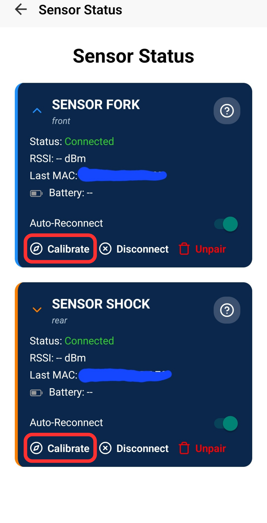 Sensor Status Screen